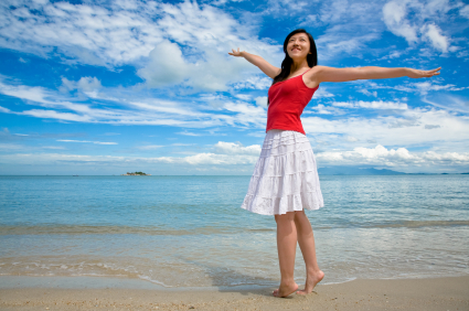 stretching on a beautiful day at the beach